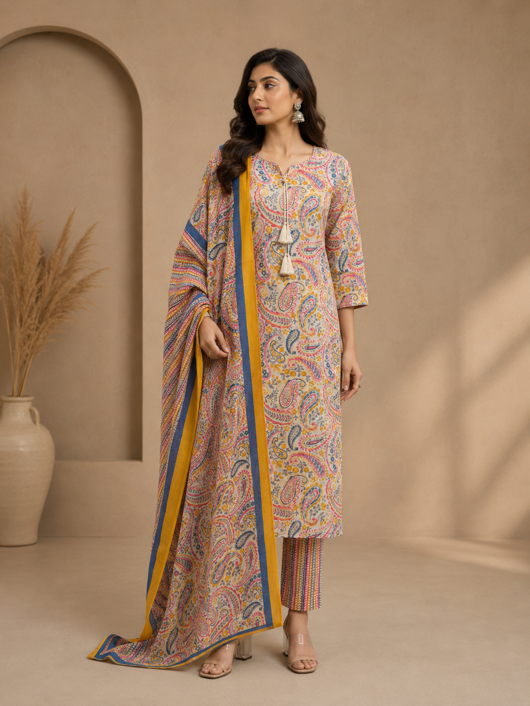 Multicolor Paisley Printed Cotton Kurta Set with Dupatta